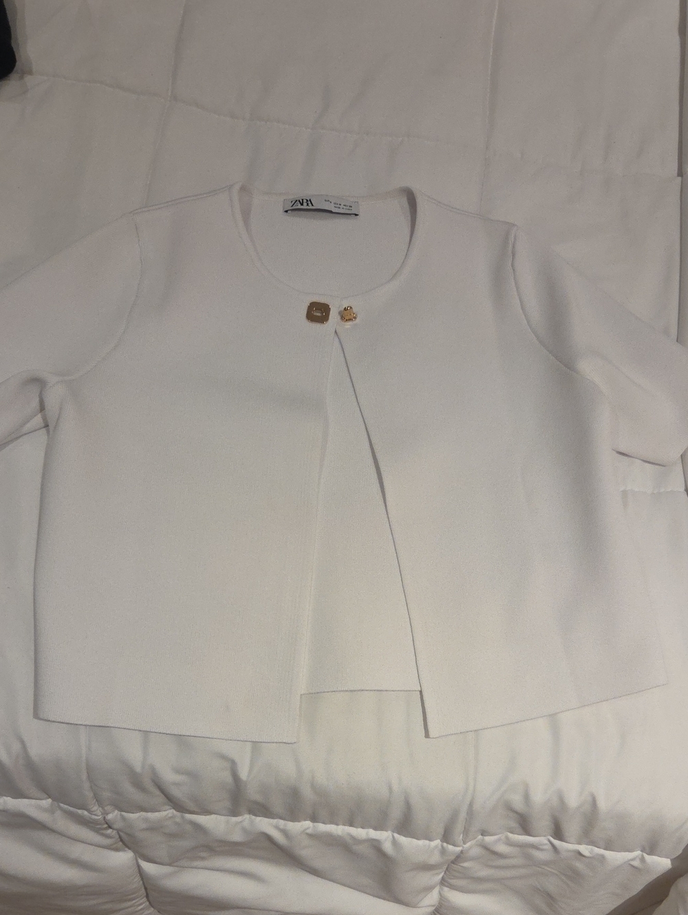Zara Cream Crewneck Open-Front Jacket with Gold Buttons